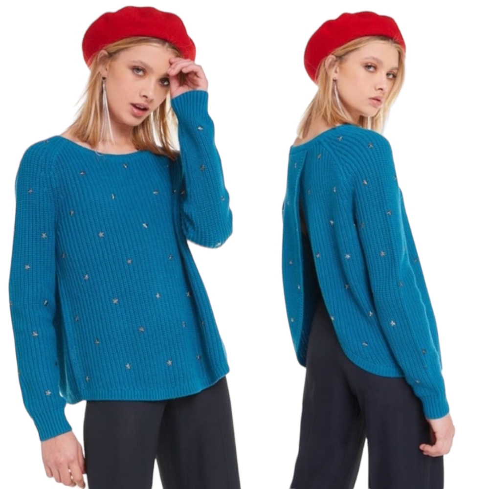 Wildfox Erika Stud Star Open Back Teal Blue Sweater